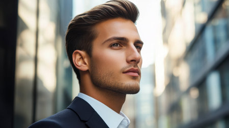 A man with a sleek, short haircut standing in a business district, his hair adding to his sharp, professional appearance.の素材