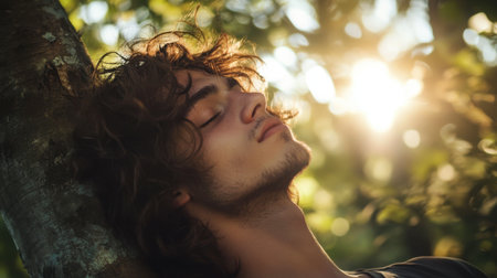 A man with voluminous, wavy hair leaning against a tree in a forest, his hair catching the dappled sunlight.の素材