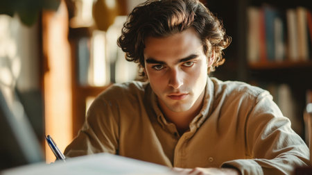 A man with thick, wavy hair sitting at a desk, his hair styled effortlessly as he focuses on his work.の素材