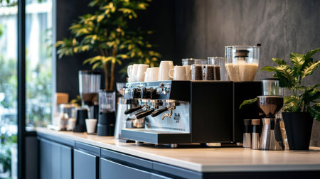 A modern coffee bar with sleek appliances and a stylish coffee menu, showcasing a range of specialty coffee drinks.の素材