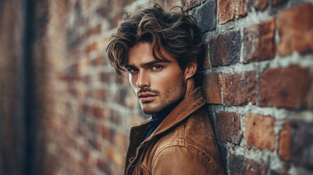 A man with thick, textured hair leaning against a brick wall, his hairstyle giving him a stylish and modern look.の素材