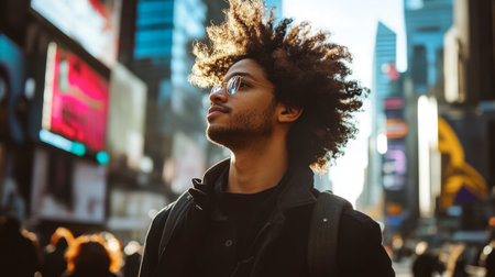 A man with thick, natural curls walking through a vibrant city street, his hair bouncing with each step.の素材
