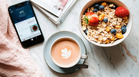 A morning routine scene featuring a cup of coffee, a bowl of cereal, and a smartphone with a news app open.の素材