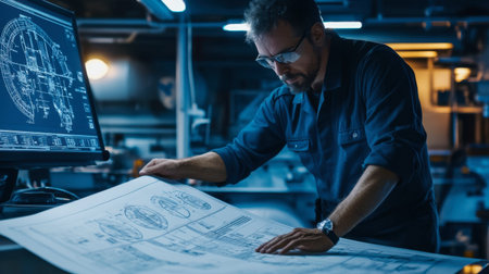A marine engineer studying a ship blueprints and technical specifications in a naval office.の素材