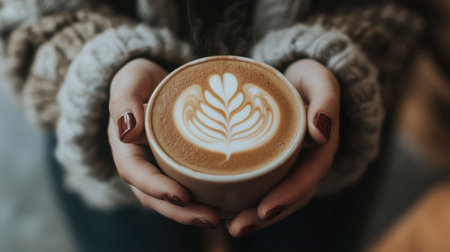 A pair of hands holding a steaming cup of coffee with latte art, while sitting in a cozy booth.の素材
