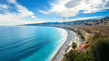 A panoramic view of the city of Nice, with its famous Promenade des and azure waters.の素材