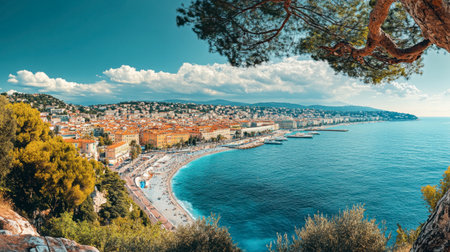 A panoramic view of the city of Nice, with its famous Promenade des and azure waters.の素材
