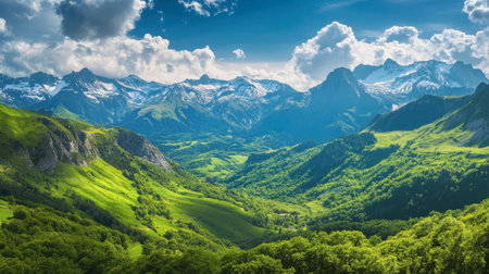 A panoramic view of the French Pyrenees, with lush green valleys and snow-capped peaks.の素材