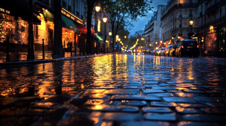 A Paris street view at dusk, with lights reflecting off wet cobblestones after a rain shower.の素材