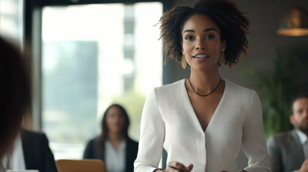 A professional businesswoman leading a group discussion in a modern meeting room.の素材