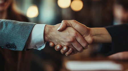 A professional shaking hands with a partner after signing a business contract, smiling confidently.の素材