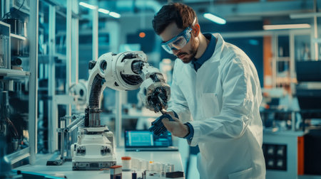 A robotics engineer programming and testing a robotic system in a lab environment.の素材