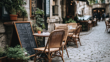 A quaint on the streets of Lyon, with a chalkboard menu and wicker chairs outside.の素材