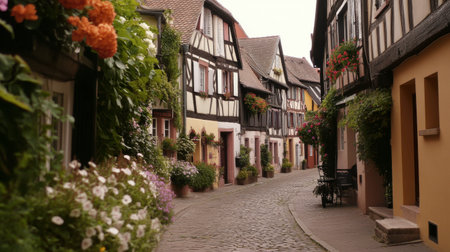 A quaint street in Colmar, Alsace, lined with half-timbered houses and flower boxes.の素材