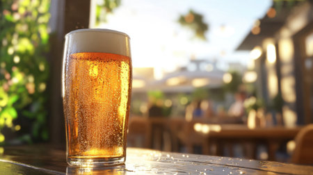 A refreshing summer beer served in a pint glass with condensation, on a sunny patio with outdoor seating.の素材