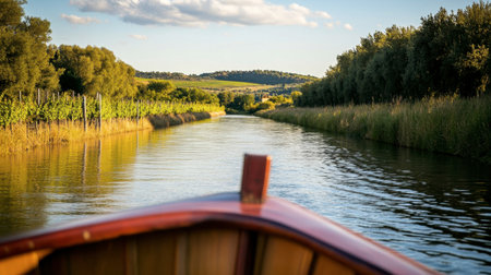 A romantic boat ride along the Canal du Midi, with vineyards and rolling hills in the background.の素材