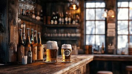 A rustic bar scene with a variety of beer bottles and glasses, set in a cozy and inviting space.の素材