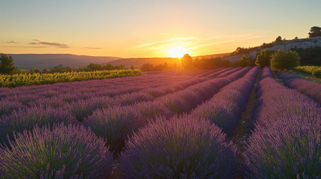 A scenic view of the lavender fields at sunset in the Provence region.の素材