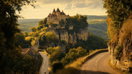 A scenic drive through the Dordogne region, with winding roads and stunning views of castles.の素材