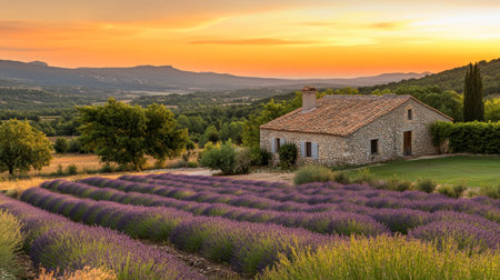 A scenic view of the lavender fields at sunset in the Provence region.の素材
