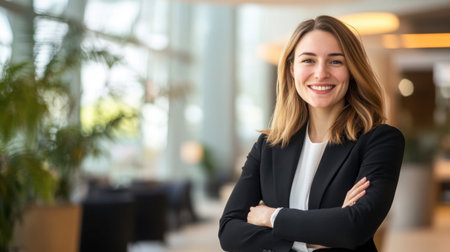 A smiling businessperson standing with arms crossed in a modern office lobby, exuding confidence and success.の素材