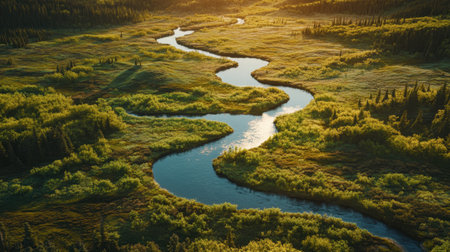 A scenic landscape with natural elements forming a "Y" shape, such as a fork in a river or a split in a trail.の素材