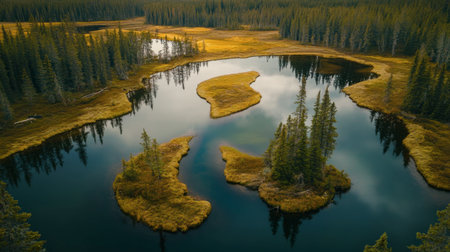 A scenic landscape with natural elements forming a "Y" shape, such as a fork in a river or a split in a trail.の素材
