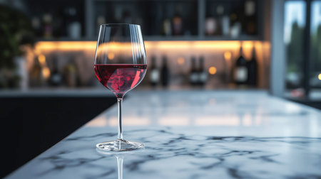 A sophisticated glass of red wine on a marble countertop, with soft ambient lighting creating an elegant atmosphere.の素材