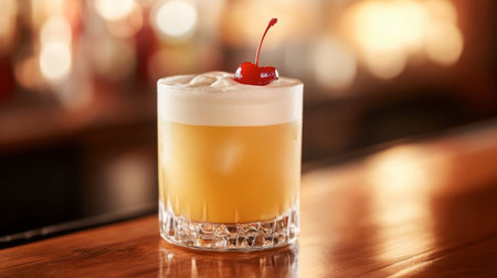 A sophisticated whiskey sour cocktail with a cherry garnish, set on a classic wooden bar top.の素材
