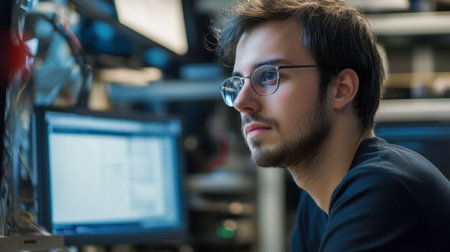 A software engineer reviewing and testing new software applications in a tech lab.の素材