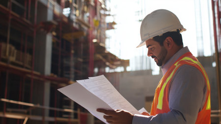 A structural engineer reviewing safety compliance documents and site plans at a construction site.の素材