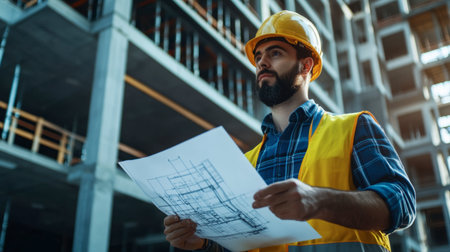 A structural engineer examining blueprints and a 3D model of a building at a construction site.の素材