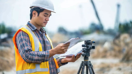 A structural engineer examining a building site and ensuring compliance with design specifications.の素材