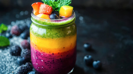 A vibrant, freshly made smoothie with layers of colorful fruits and vegetables, served in a mason jar.の素材
