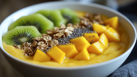 A vibrant and healthy smoothie bowl with kiwi, mango, chia seeds, and granola, perfect for a nutritious breakfast.の素材