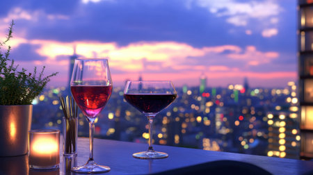 A stylish rooftop bar scene with glasses of wine and cocktails, overlooking a stunning cityscape at dusk.の素材