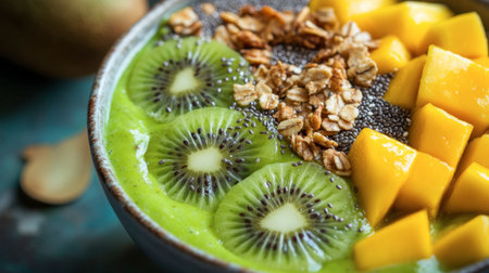 A vibrant and healthy smoothie bowl with kiwi, mango, chia seeds, and granola, perfect for a nutritious breakfast.の素材