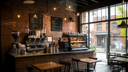 A stylish coffee shop interior with modern seating, exposed brick walls, and a counter full of delicious coffee options.の素材