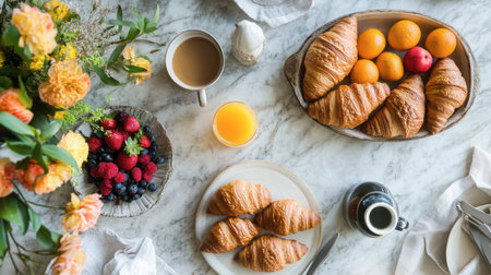 A stylish brunch table with croissants, fresh fruit, coffee, and orange juice, perfect for a leisurely morning.の素材