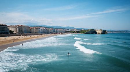 A summer day at the beach in Biarritz, with surfers riding the Atlantic waves.の素材