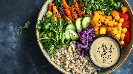 A stylish and modern presentation of a vegan Buddha bowl with a variety of fresh vegetables, grains, and a tahini dressing.の素材