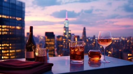 A stylish rooftop bar scene with glasses of wine and cocktails, overlooking a stunning cityscape at dusk.の素材