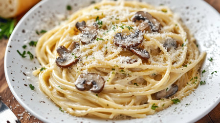 A traditional Italian pasta dish with creamy Alfredo sauce, sauted mushrooms, and a sprinkle of parmesan cheese.の素材
