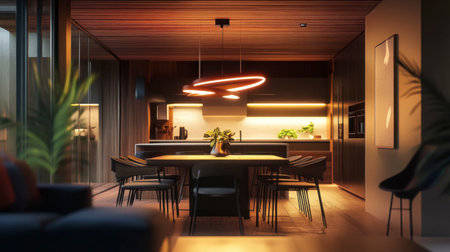 A stylish "Y" shaped pendant light illuminating a contemporary dining area with a warm, inviting glow.の素材