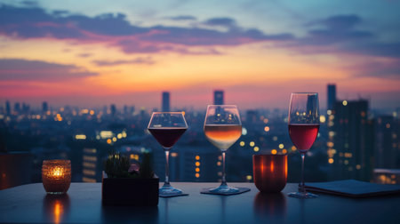 A stylish rooftop bar scene with glasses of wine and cocktails, overlooking a stunning cityscape at dusk.の素材