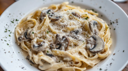 A traditional Italian pasta dish with creamy Alfredo sauce, sauted mushrooms, and a sprinkle of parmesan cheese.の素材