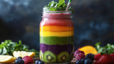 A vibrant, freshly made smoothie with layers of colorful fruits and vegetables, served in a mason jar.の素材