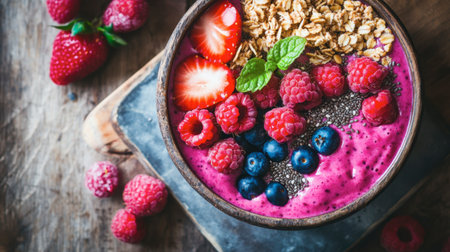 A vibrant fruit smoothie bowl topped with granola, chia seeds, and an assortment of fresh berries.の素材
