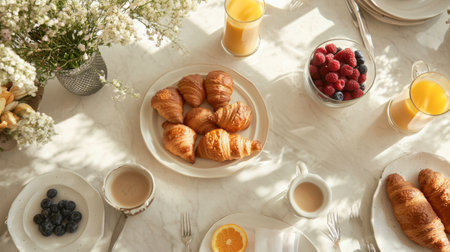 A stylish brunch table with croissants, fresh fruit, coffee, and orange juice, perfect for a leisurely morning.の素材