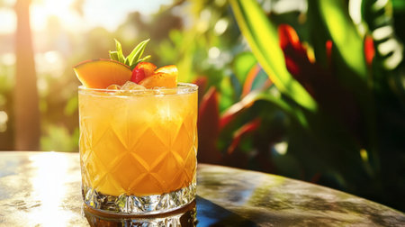 A vibrant cocktail with exotic fruit garnishes, served on a sunlit patio with tropical plants in the background.の素材